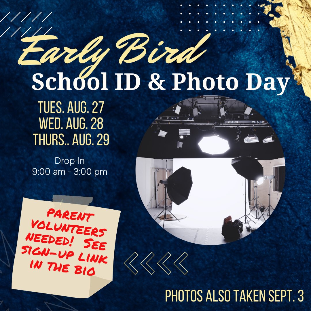 Early Bird School ID and Photo Day – AVOID LINE UPS

We encourage any students who are able to attend school on this day to come and get their photo taken!

Drop-in basis Hours: 9am-3pm (No bussing provided on these days)

If you can’t make it, photos will be taken on Sept. 3rd.