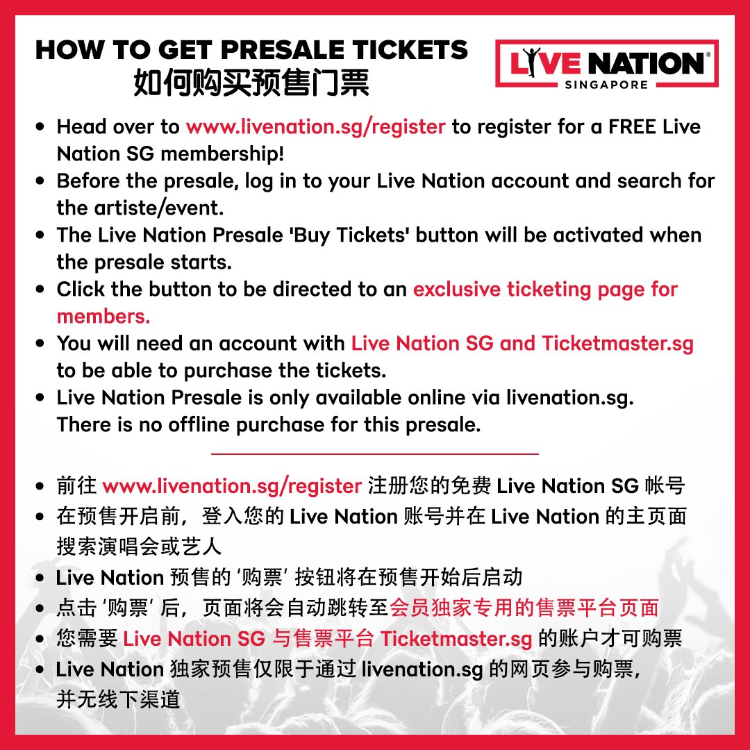 OneProductionSG's tweet photo. 📢 𝐃𝐀𝐘𝟔 𝟑𝐑𝐃 𝐖𝐎𝐑𝐋𝐃 𝐓𝐎𝐔𝐑 <𝐅𝐎𝐑𝐄𝐕𝐄𝐑 𝐘𝐎𝐔𝐍𝐆> 𝐢𝐧 𝐒𝐈𝐍𝐆𝐀𝐏𝐎𝐑𝐄 🇸🇬

📅 22 Nov 2024 (Fri), 7pm
📍 The Star Theatre

𝑭𝒐𝒖𝒓𝒆𝒗𝒆𝒓 𝑭𝒐𝒖𝒓, 𝐅𝐎𝐑𝐄𝐕𝐄𝐑 𝐘𝐎𝐔𝐍𝐆 🩵 After 5 long years, @day6official is finally coming back to Singapore!

🍀 𝐌𝐚𝐬𝐭𝐞𝐫𝐜𝐚𝐫𝐝 𝐏𝐫𝐞𝐬𝐚𝐥𝐞:
• 03/09 (Tue), 2pm - 11:59pm
Simply complete the ticket purchase using a valid Mastercard. Visit https://t.co/PlWE776p3j for more info.

🍀 𝐋𝐢𝐯𝐞 𝐍𝐚𝐭𝐢𝐨𝐧 𝐏𝐫𝐞𝐬𝐚𝐥𝐞:
• 04/09 (Wed), 2pm - 11:59pm
Register for a FREE membership via https://t.co/0iLzL7YEMW to access the exclusive presale!⁠

🍀 𝐆𝐞𝐧𝐞𝐫𝐚𝐥 𝐒𝐚𝐥𝐞: 05/09 (Thu), 2pm onwards via https://t.co/N4oaERNMAR / hotline +65 3158 8588

✨ 𝐕𝐈𝐏 𝐄𝐧𝐭𝐢𝐭𝐥𝐞𝐦𝐞𝐧𝐭𝐬:
- Best seats in the house
- ⁠Access to Soundcheck Party
- ⁠VIP Laminate & Lanyard
- Photocard Set
- Signed Poster Lucky Draw (70 pax)

✨ 𝐂𝐀𝐓 𝟏 𝐁𝐞𝐧𝐞𝐟𝐢𝐭:
- Signed Poster Lucky Draw (30 pax)

🎼 𝐖𝐞𝐥𝐜𝐨𝐦𝐞 𝐭𝐨 𝐭𝐡𝐞 𝐬𝐡𝐨𝐰 ~
🎫: https://t.co/fFEfT130Ay

#DAY6 #데이식스
#DAY6_3RD_WORLDTOUR
#DAY6_3RD_WORLDTOUR_SG
#FOREVER_YOUNG
#FOREVER_YOUNG_SG
#Band_Aid

——————
‼️ We would like to caution members of the public against purchasing tickets from unauthorized sellers or 3rd party websites. By purchasing tickets through these non-authorized points of sale, buyers take on the risk that the validity of the tickets cannot be guaranteed, with no refunds possible.⁠