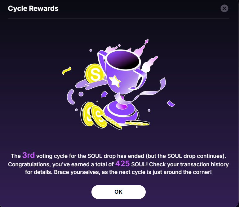 ToplayerNo8's tweet image. SOUL空投的第三轮投票已经结束(但空投活动仍在继续)。恭喜你获得了 425个SOUL!请查看你的交易历史记录以获取详细信息。准备好迎接下一轮投票吧!
#SOULdrop #DatatoEarn #CARV