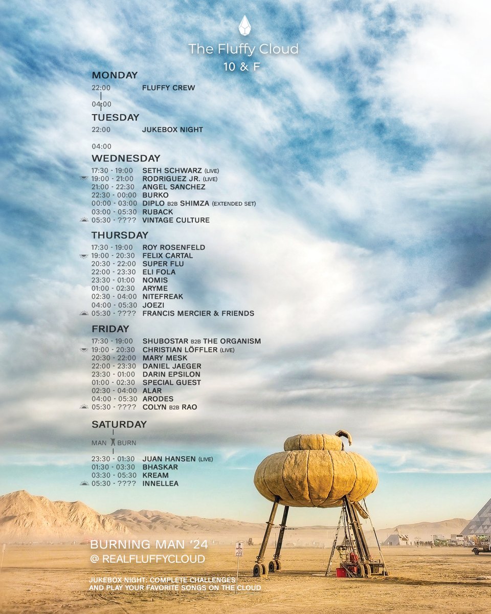 ✨ So excited to return to @RealFluffyCloud's epic @BurningMan camp for round 2! ☁️ Last year's lineup was pretty good but this year is next-level insanity 😲🔥

Who's ready to dance under the desert stars? 🌌

#burningman #fluffycloud #blackrockcity #melodictechno #indiedance