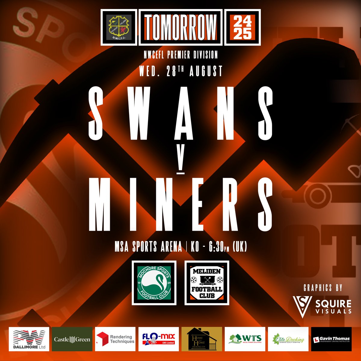 🟠 𝐓𝐎𝐌𝐎𝐑𝐑𝐎𝐖 ⚫️

Another mid-week clash tomorrow!

🆚 <a href="/MochdreSports/">Mochdre Sports FC</a> 
🏆 NWCEFL Premier Division
🕑 KO - 6:30pm BST
📅 28th August 2024
📍 MSA Sports Arena, Mochdre, LL28 5HB

Graphics by <a href="/Squire95/">Squire95 🏴󠁧󠁢󠁷󠁬󠁳󠁿 | Content Creator </a> | <a href="/SquireVisuals/">Squire Visuals</a>

#UpTheMiners 🟠⚫️