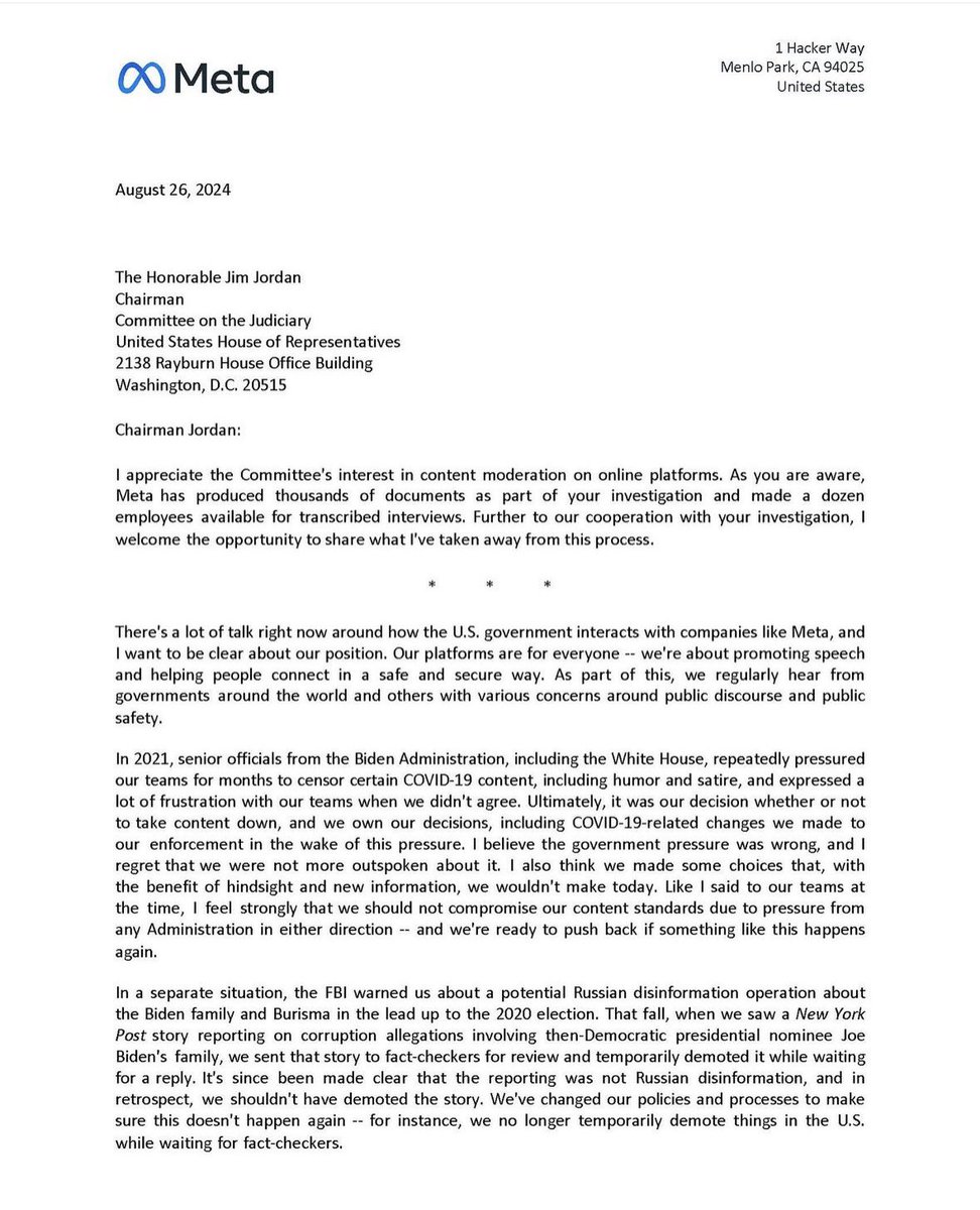 VinceDaoTV's tweet photo. 🚨Mark Zuckerberg just ADMITTED to working with the Biden/Harris admin to CENSOR Facebook in 2021.

In this letter to @Jim_Jordan, he says he REGRETS it and DOESN’T plan to get involved in the 2024 Election like he did in 2020. 

WOW! https://t.co/cvgAuT8vjl