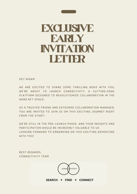 Nigam (@nigamft) on Twitter photo I got a special letter from <a href="/CONN3CTIVITY_/">CONN3CTIVITY</a>
S/O to <a href="/pixonme_/">Pix 💜</a> for the invite❣️
<a href="/thejasich/">jasich.eth | collab manager</a> and team be cooking, prolly something special for the CM's out there! I got a special letter from <a href="/CONN3CTIVITY_/">CONN3CTIVITY</a>
S/O to <a href="/pixonme_/">Pix 💜</a> for the invite❣️
<a href="/thejasich/">jasich.eth | collab manager</a> and team be cooking, prolly something special for the CM's out there!