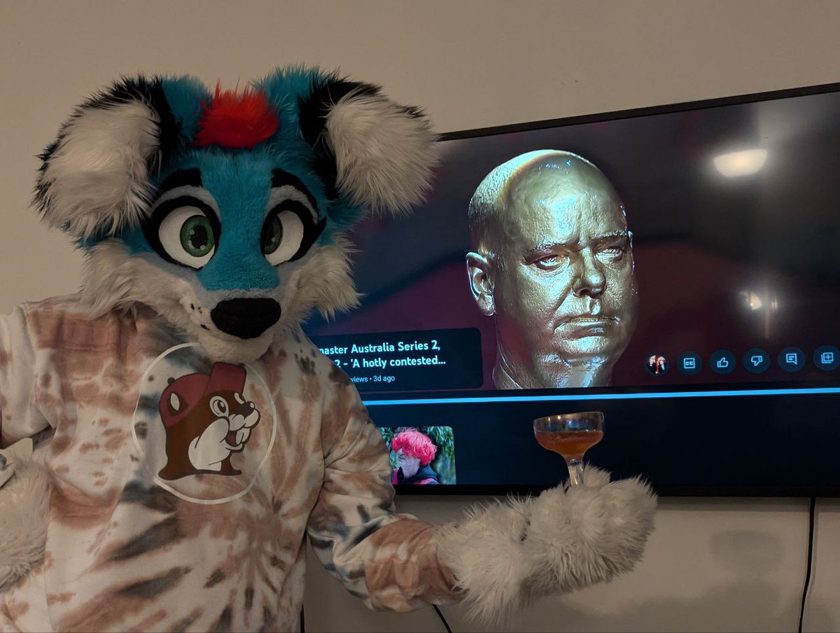 AshFluffbutt's tweet image. Watching a fun show with a fun drink.

#fursuiteveryday #taskmasterau