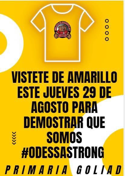 BlantonCounsel's tweet photo. Grizzlies we invite you to wear yellow Thursday, August 29th  to honor the victims of the mass shooting 5 years ago in our community. This will be in conjunction with the dedication of the Bright Star Memorial, which will be held on Thursday at 8:00 p.m. on the UTPB campus.🐻💛 https://t.co/HD0YmuZ8IZ