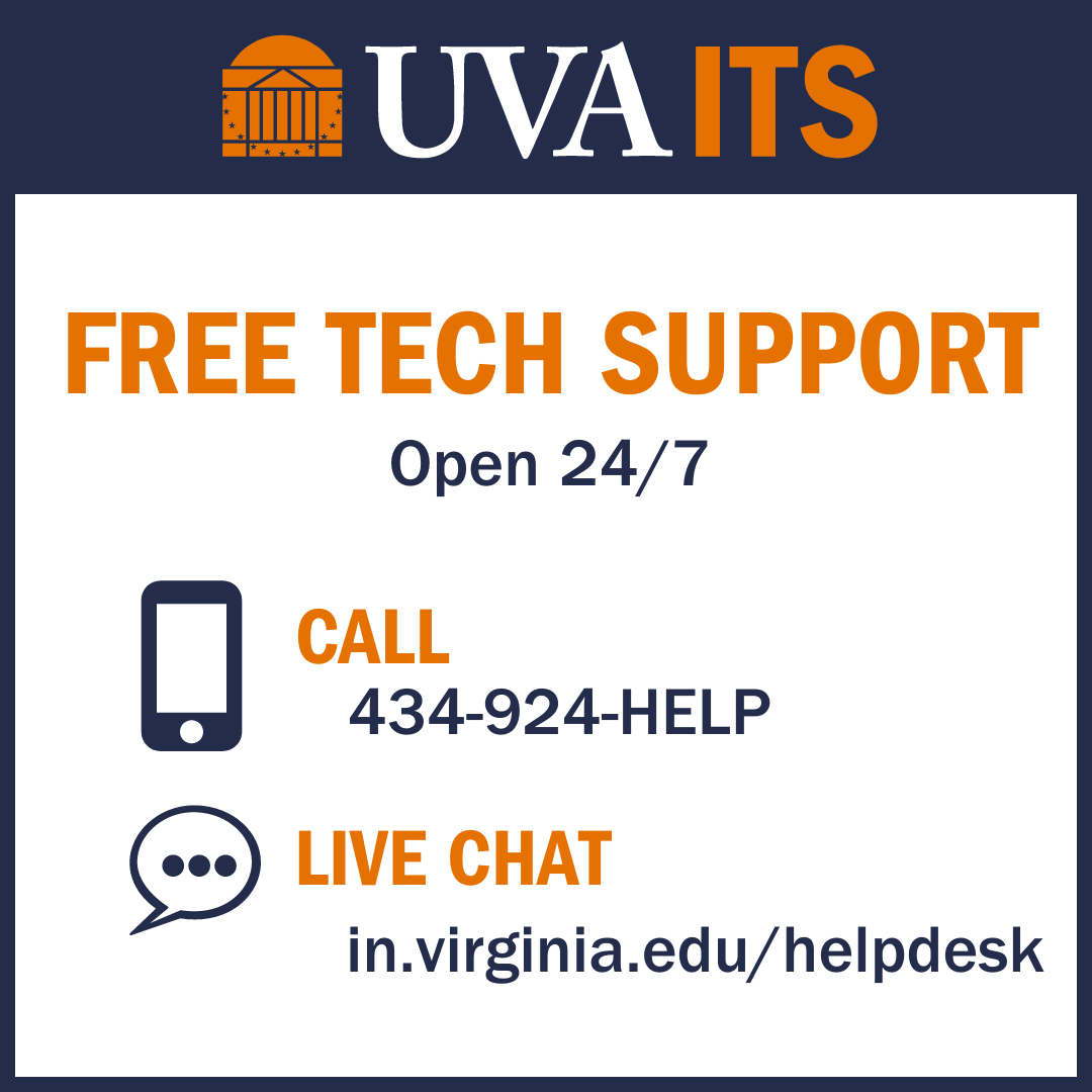 UVAITS's tweet photo. Best of luck on your first day, Hoos! We are here when you need us. Get support for password resets, connecting to Wi-Fi, UVACanvas, NetBadge, and more from our 24-hour Help Desk: https://t.co/DtJM1WyN3k https://t.co/OpRXG6Flxl