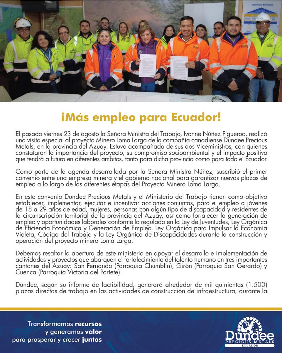 DPMEcuador's tweet photo. La Ministra del Trabajo, Ivonne Núñez Figueroa, visitó  #LomaLarga.
En ese marco, suscribimos el primer convenio entre una empresa minera y el gobierno nacional para garantizar nuevas plazas de empleo a lo largo de las diferentes etapas nuestro proyecto. #ProgresamosJuntos 👷👷‍♀️ https://t.co/Sy8U2hH4Eg