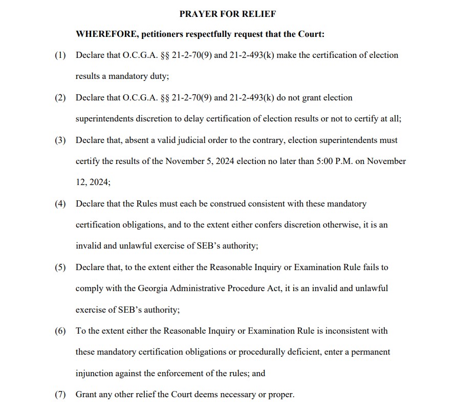 NEWS: The Democratic National Committee,  Democratic Party of Georgia, local election board members, lawmakers + voters have filed a lawsuit over new State Election Board certification rules.  

Here's what petitioners are asking the court:⬇️

documentcloud.org/documents/2507…