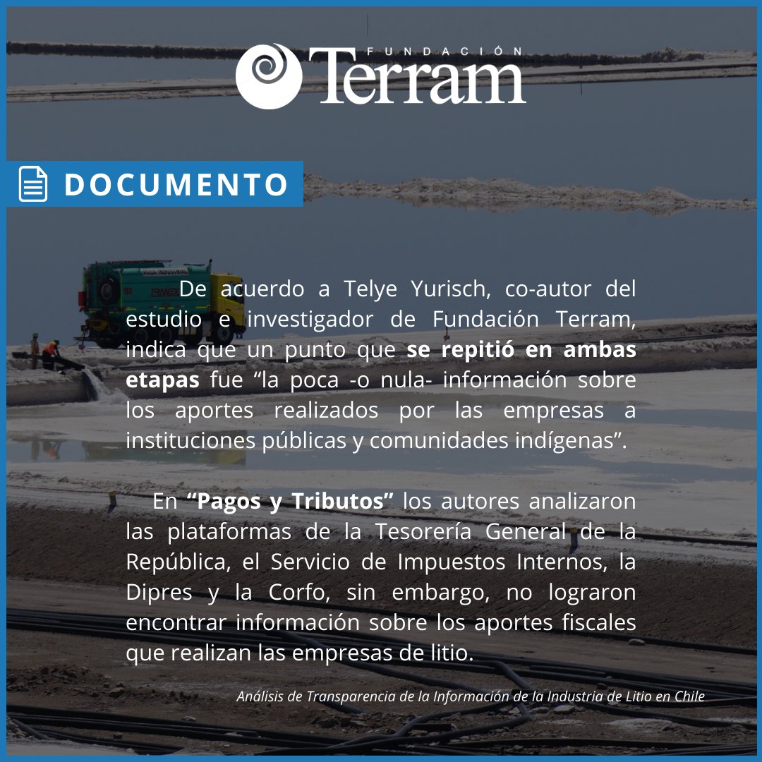 📑 [#DocumentosTerram] Fundación Terram dio a conocer dos estudios que analizan la industria del #litioenChile. Uno de ellos evaluó la información dispuesta por instituciones públicas y empresas del sector.
  
👉Lee el documento completo aquí: shorturl.at/4cHdI 

🧵(1/5)