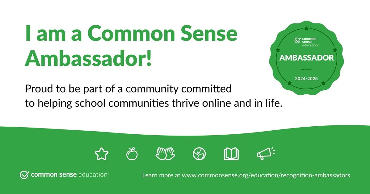 I'm very proud to announce that I have been accepted as a <a href="/CommonSenseEd/">Common Sense Education</a> Ambassador for the 24-25 school year. #CommonSenseAmbassador