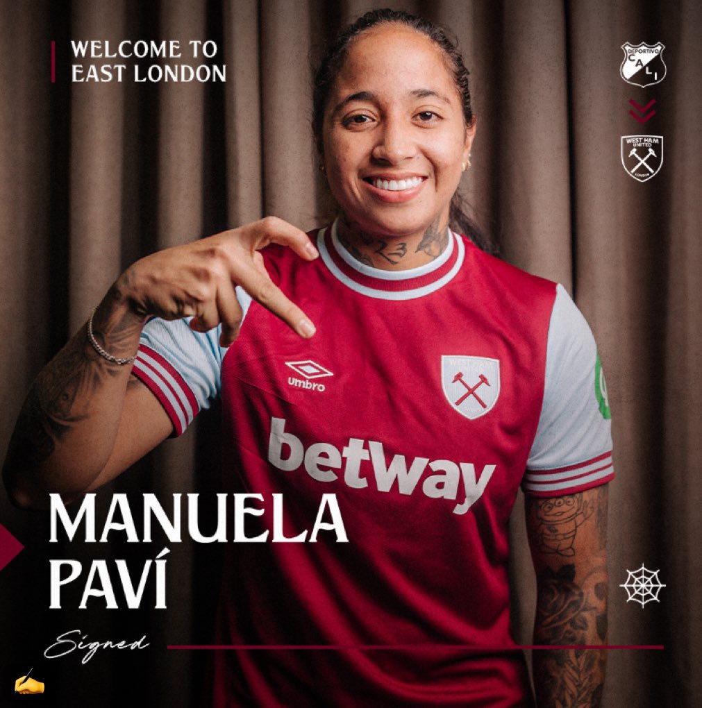 Laestaciondepor's tweet photo. Manuela Pavi nueva jugadora del Wést Ham #ingles 

Después de salir campeona de la Liga con el @deportivocalifemenino , llega a la #premierleague 

#manuelapavi #westham #westhamwomen #westhamunited #premierleague #deportivocali #deporvida #deporcali https://t.co/23d41c9LIw