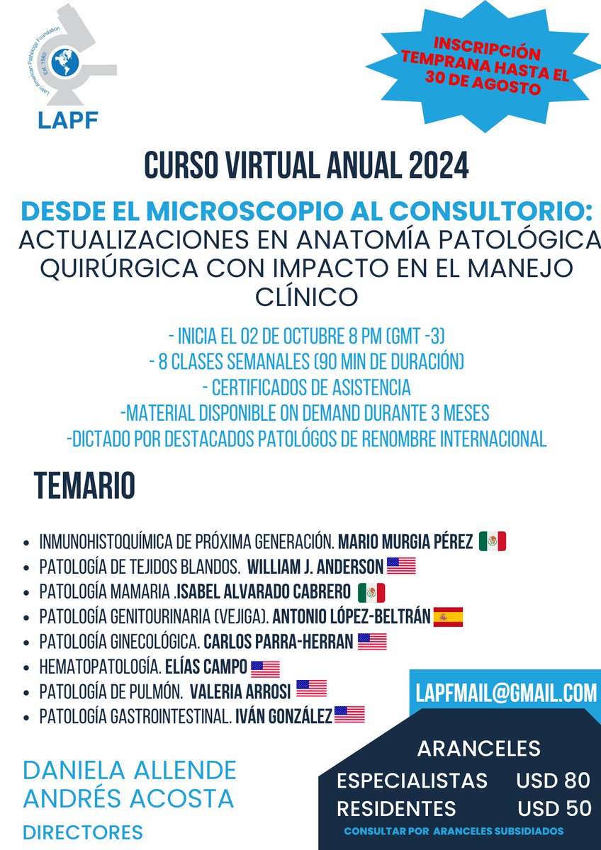 LAPF Patología (@latinamericanpf) on Twitter photo 📌¡No te pierdas la inscripción temprana!
Ingresa aquí 👉bit.ly/CursoLAPF2024
<a href="/Andres_Matoso/">Andres Matoso</a> <a href="/Andres_M_Acosta/">Andres Martin Acosta (Andy)</a> <a href="/CPHpath/">Carlos Parra-Herran MD</a> <a href="/Allende_DS/">Daniela Allende, MD MBA</a> <a href="/DrMedeirosPath/">Fabiola Medeiros, MD</a> <a href="/MarcosLepeMD/">Marcos Lepe, MD</a> 📌¡No te pierdas la inscripción temprana!
Ingresa aquí 👉bit.ly/CursoLAPF2024
<a href="/Andres_Matoso/">Andres Matoso</a> <a href="/Andres_M_Acosta/">Andres Martin Acosta (Andy)</a> <a href="/CPHpath/">Carlos Parra-Herran MD</a> <a href="/Allende_DS/">Daniela Allende, MD MBA</a> <a href="/DrMedeirosPath/">Fabiola Medeiros, MD</a> <a href="/MarcosLepeMD/">Marcos Lepe, MD</a>