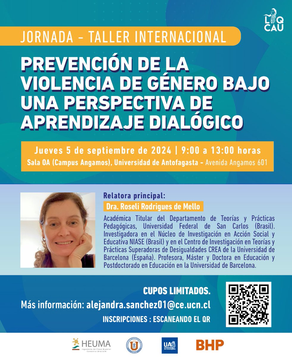 Proyecto_Liqcau's tweet image. 📢 Atención comunidad educativa de #Antofagasta participen en la
jornada Taller - Internacional:

✅️ Prevención de la violencia de género bajo una perspectiva de aprendizaje dialógico.

➡️ Para inscribirse lo pueden hacer a este link o escaneando el QR

forms.gle/yMdca39okqJPat…