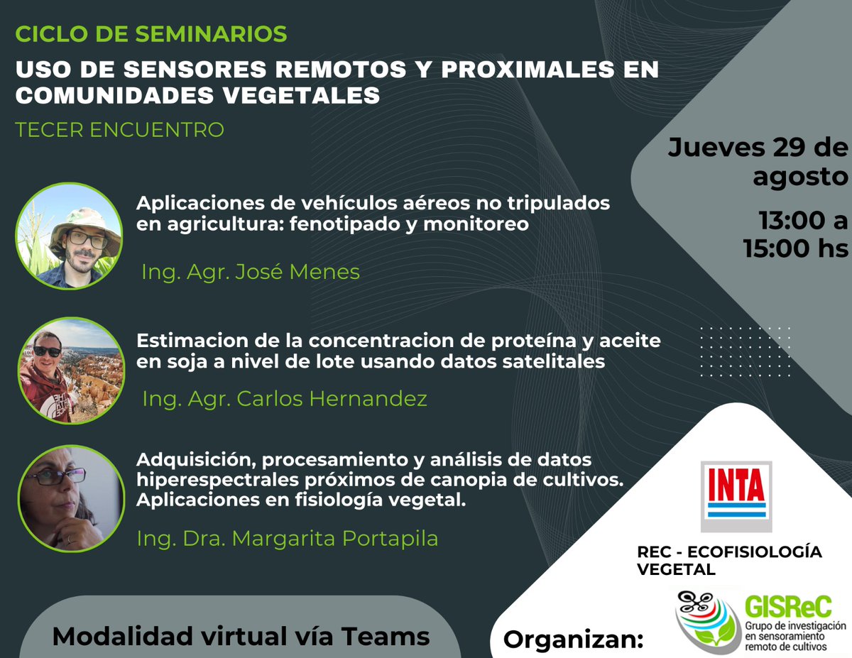 SaberMas2015's tweet photo. Seminario "Uso de sensores remotos y proximales en comunidades vegetales" #RemoteSensing
#ProximalSensing
📍🗓 Jueves 29 de Agosto https://t.co/HwvYrajjRc