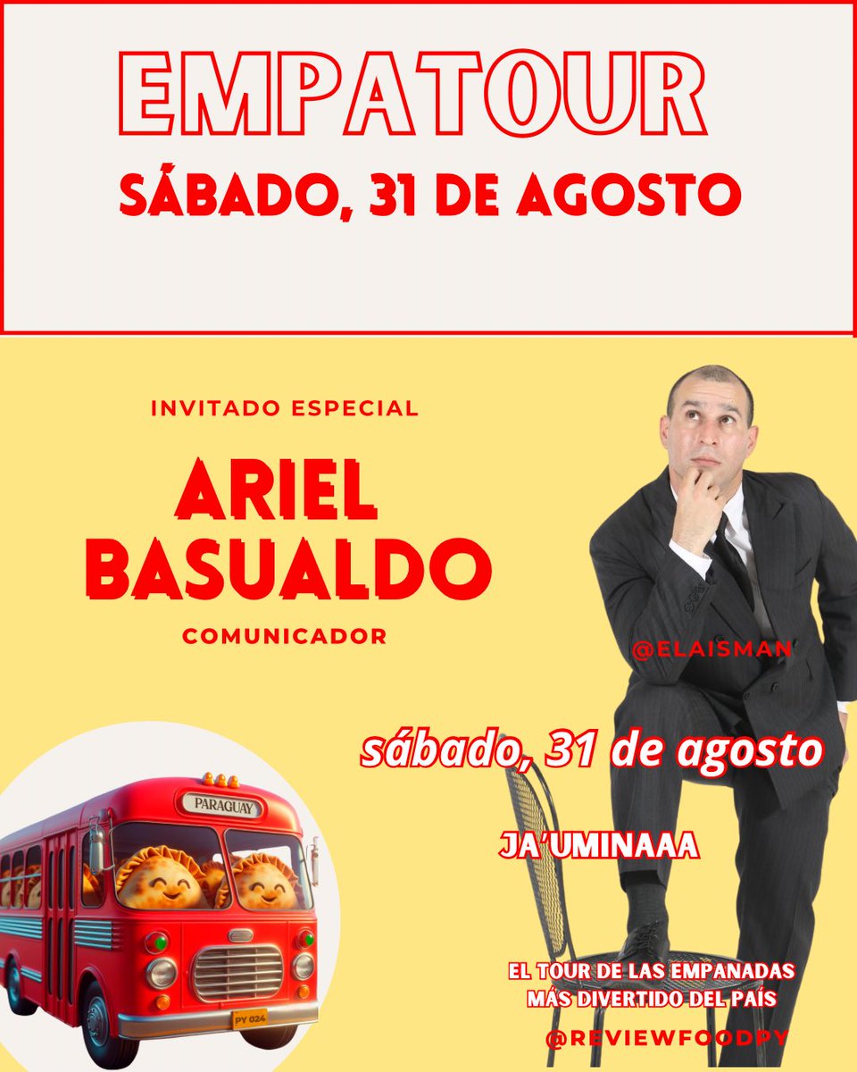 Nuestro invitado especial del #Empatour de este sábado 31 de agosto es el comunicador <a href="/aisman6/">Ariel Basualdo</a> 
El dueño y señor de esta red social 😻 diversión aseguradaaaa