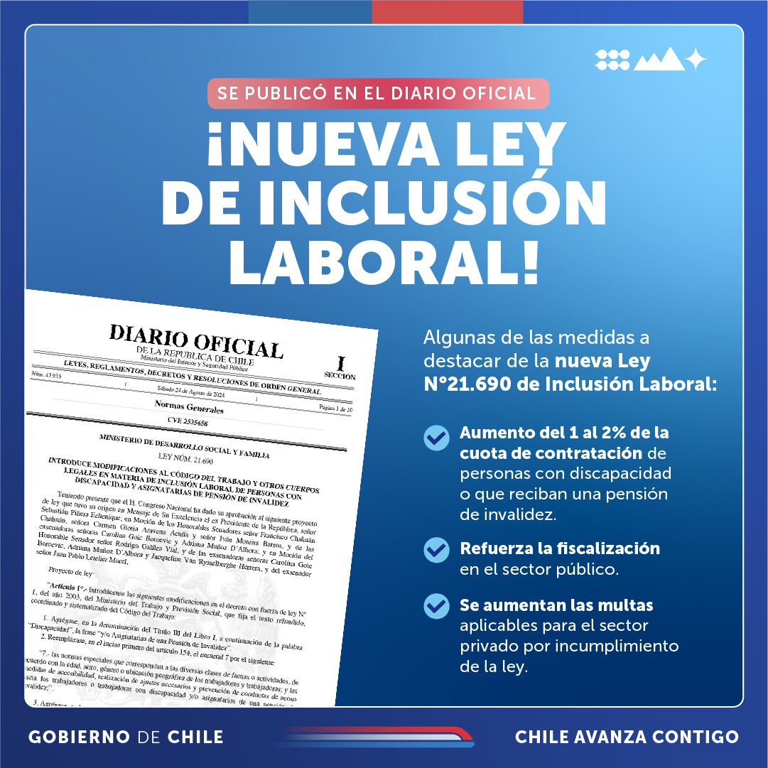 ¡Avanzamos hacia una sociedad inclusiva! Se publicó la nueva Ley de Inclusión Laboral, que aumenta la cuota de contratación de personas con discapacidad, refuerza la fiscalización en el sector público y se aumentarán las multas por incumplimiento de la ley en el sector privado.