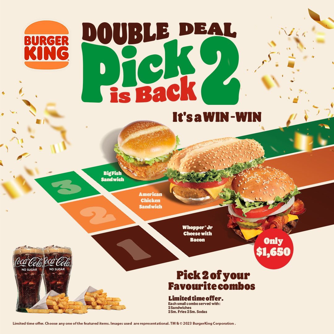bkjamaica's tweet photo. Why settle for one when you can pick two? 🍔🍔 

With Double Deal, you get double the flavor and double the fun for just $1650! 

Choose your favorite burgers and enjoy twice the deliciousness. Don't miss out—grab yours today and bring a friend! 

#PickTwo #DoubleDeal #BurgerKing https://t.co/Ok6SyRBQuD