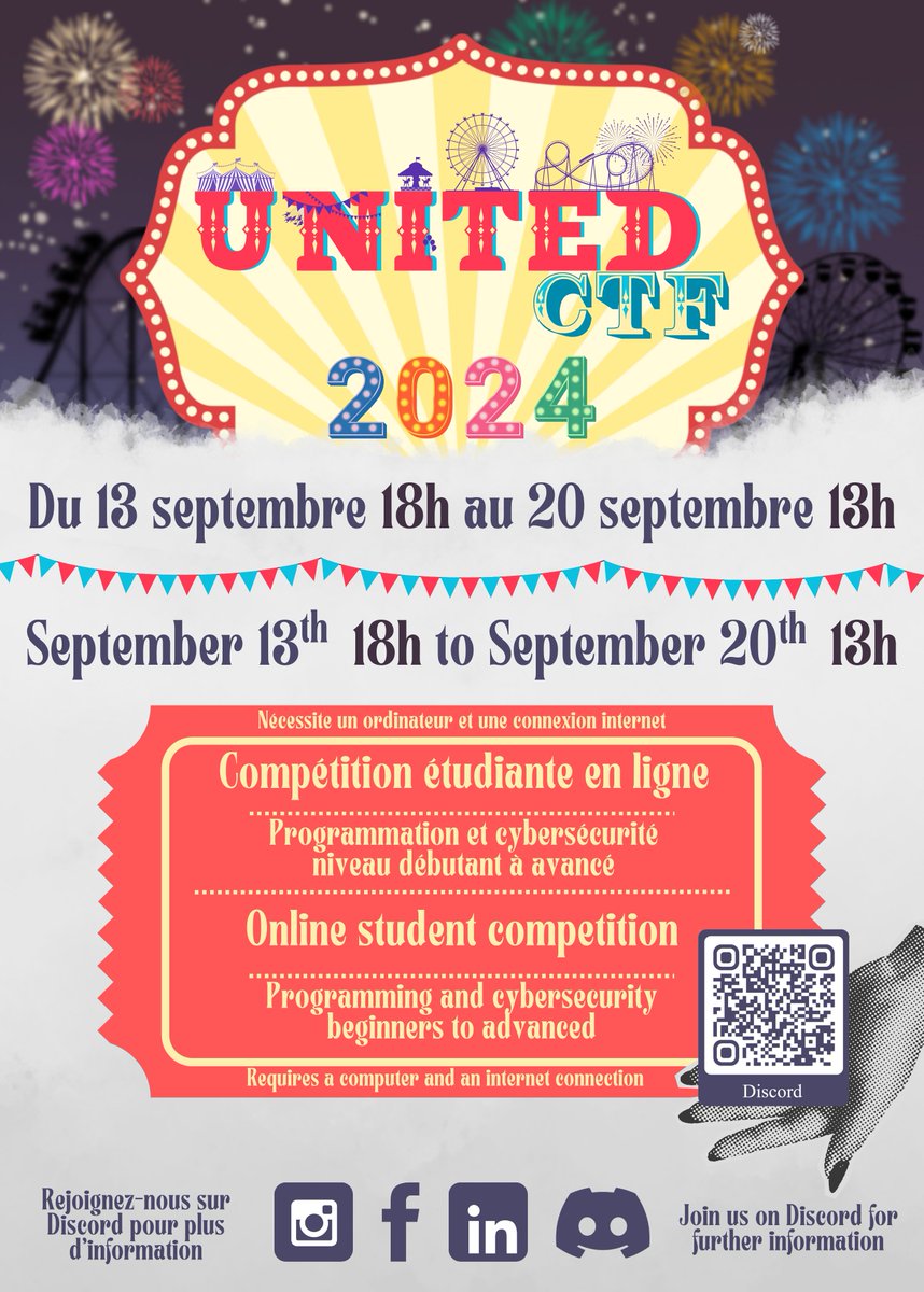 UnitedCtf's tweet photo. Salutation !
Le UnitedCTF est de retour pour 2024.
Rejoignez notre Discord pour plus d'information🎠
https://t.co/vrACVaBOTf https://t.co/KCF0XOdcWp