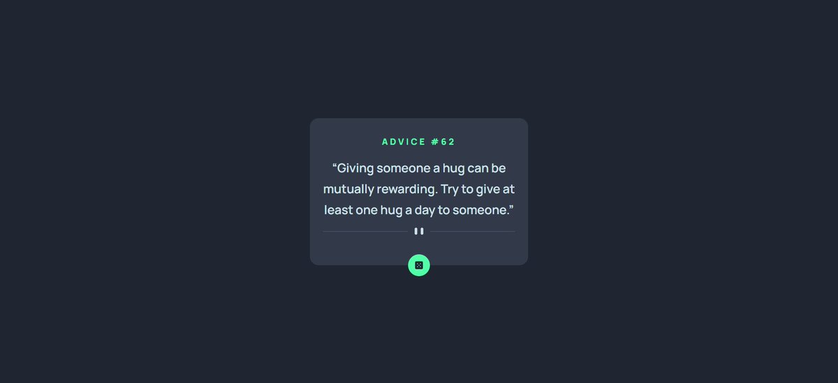 motunadeneye's tweet image. Day 11 of   showing #frontendproject
I created the advice generator app from frontendmentor using CSS.
first time mapping through a json file.
github:github.com/motuncoded/Adv…
live:  …e-generator-app-motuncoded.vercel.app
I am currently looking for an #internship role as a frontend developer