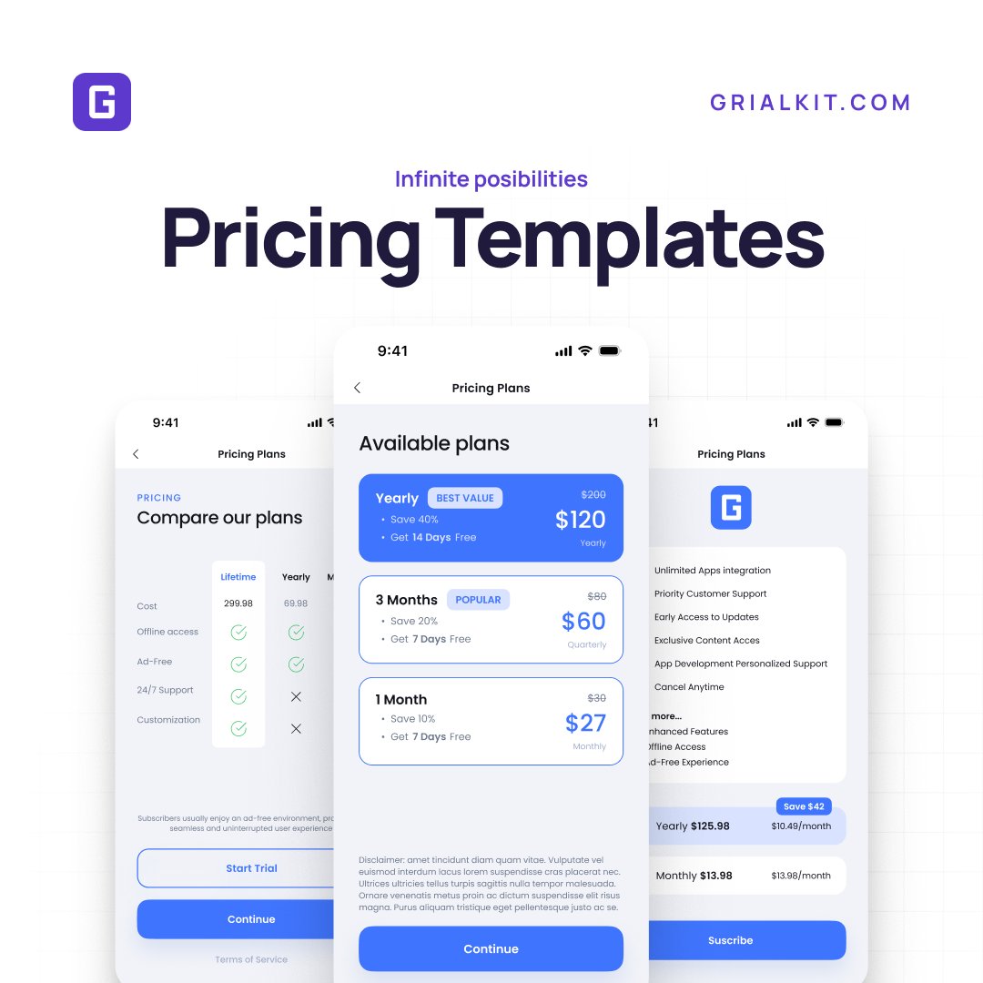 Grialkit's tweet image. 📢 Missed the update? Our Grial UI Kit now has 4 shiny new pricing page templates! Perfect for giving your app that polished, professional look. 
Check them out if you haven’t already! 💻
👉t.ly/2av33
#GrialUIKit #AppDesign #NETMAUI