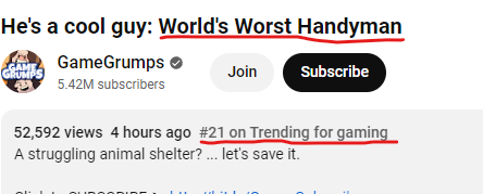The <a href="/GameGrumps/">Game Grumps</a> World's Worst Handyman video is trending on YouTube—#21 in gaming! 🤯

I never imagined my game would get here. Thanks Dan and Arin!

#indiegame #gamedev