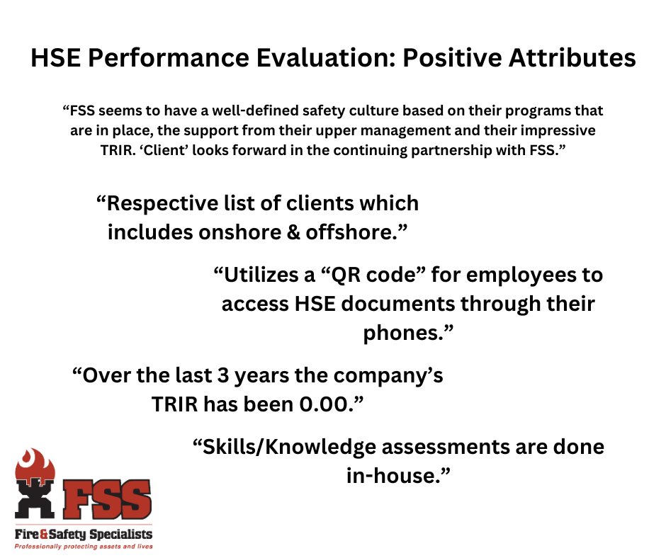 TeamFss1's tweet photo. Fire &amp; Safety Specialists, Inc. recently completed an HSE Performance Evaluation with one of our most tenured clients. We are proud to have received great feedback on our safety culture and the recent enhancements we have made to better protect our employees and clients.
#teamfss https://t.co/wi1p92kz95