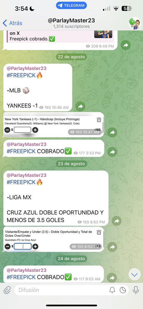 Últimos 3 freepicks cobrados.🔥

Deja tu ❤️ si quieres uno para hoy. 

👉🏻t.me/parlaymaster