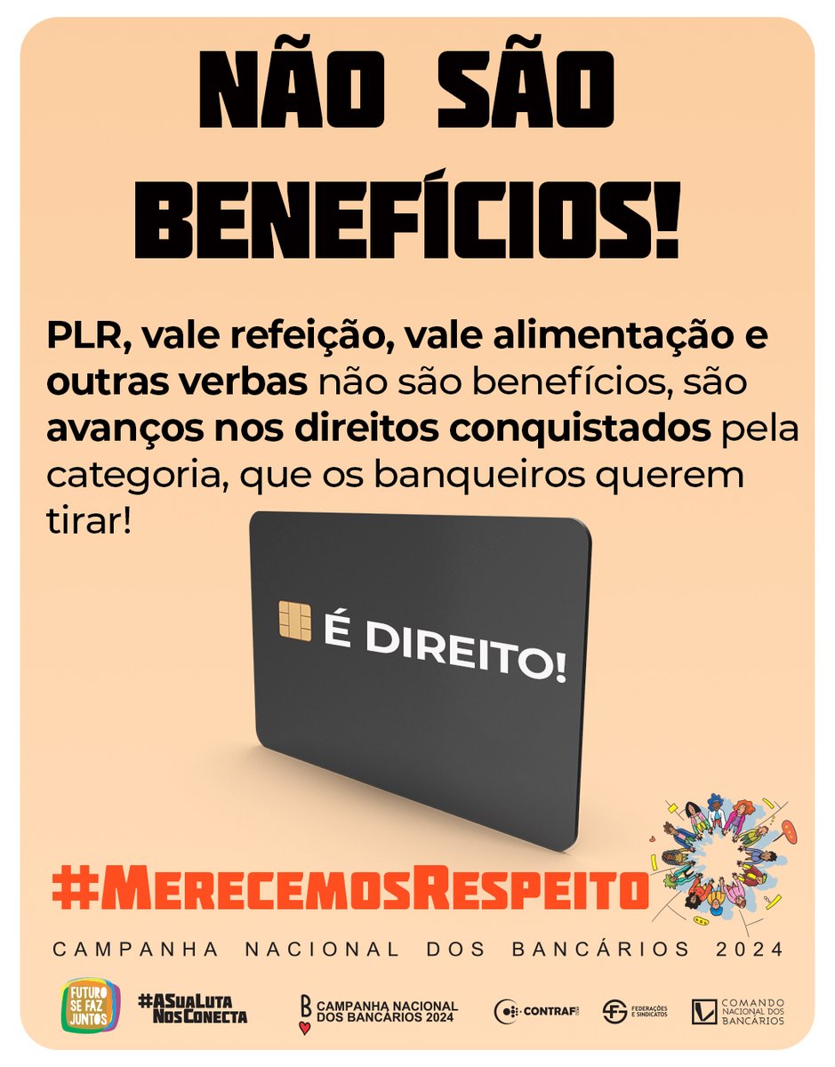 Aumento salarial, PLR, VA e VR são direitos conquistados pela categoria bancária que sem as mobilizações e as lutas históricas não existiriam! #MerecemosRespeito <a href="/FEBRABAN/">FEBRABAN</a>