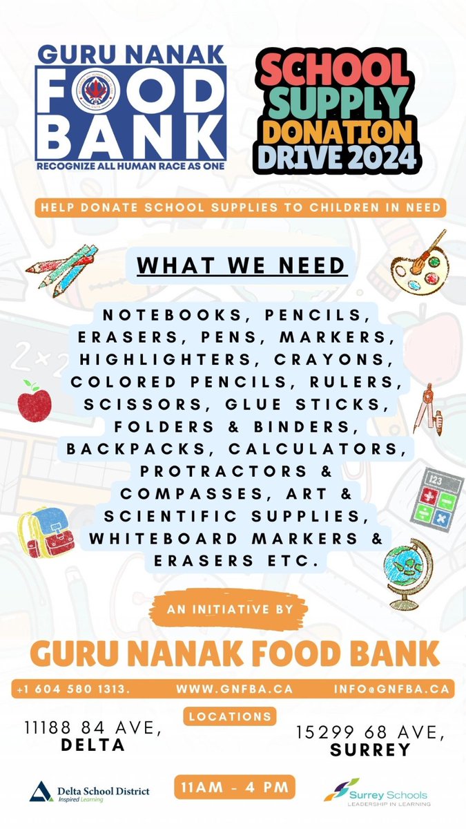 Surrey Schools (@surrey_schools) on Twitter photo A huge thank you to <a href="/gnfbsurrey/">Guru Nanak Food Bank</a> for choosing Surrey Schools as one of the beneficiaries for its upcoming school supply drive on Sept. 1!
For event details, including what can be donated, click here: surreyschools.ca/_ci/p/175334
#SurreyBC #WhiteRockBC #SurreySchools #sd36learn A huge thank you to <a href="/gnfbsurrey/">Guru Nanak Food Bank</a> for choosing Surrey Schools as one of the beneficiaries for its upcoming school supply drive on Sept. 1!
For event details, including what can be donated, click here: surreyschools.ca/_ci/p/175334
#SurreyBC #WhiteRockBC #SurreySchools #sd36learn