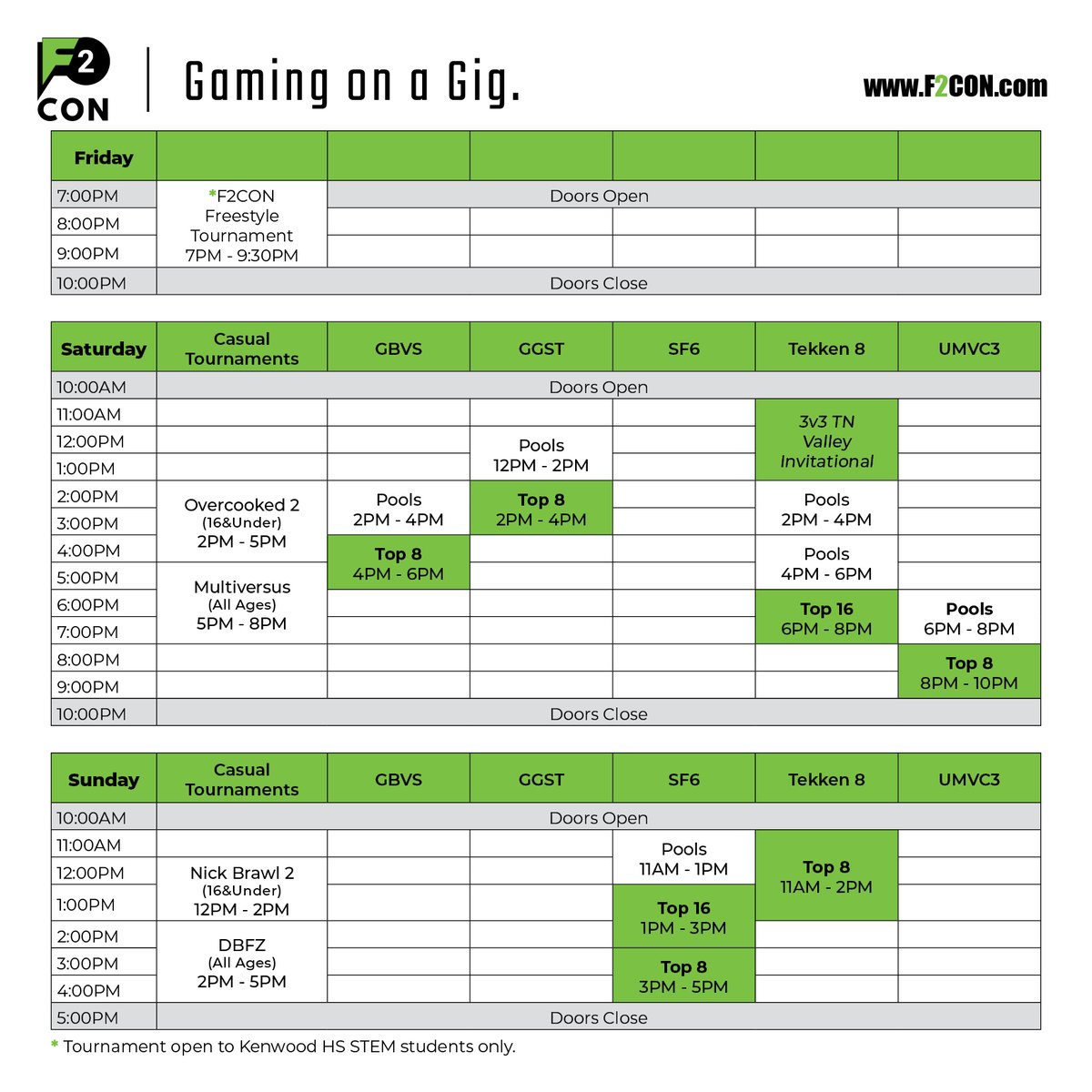 The tournament schedule is up! 11 more days until F2 CON! There's still time to register! f2con.com/register/