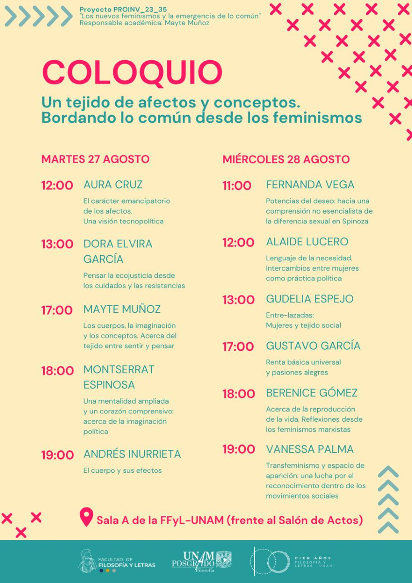 #FilosHoy Este martes 27 y miércoles 28 se llevará a cabo el coloquio "Un tejido de afectos y conceptos. Bordando lo común desde los feminismos". En la sala A de la Facultad de Filosofía y Letras. Consulta el programa y asiste.