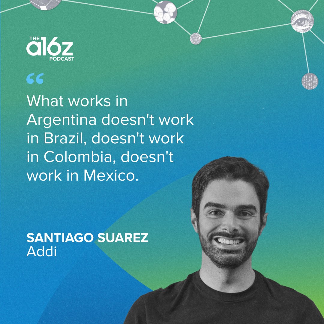 a16z's tweet photo. Latin America is emerging as a tech powerhouse. 

But it's a mistake to view the region as a one-size-fits-all market. 

In the latest episode of the a16z podcast, @thazhmon @santiasua @gevs94 and @astrange discuss the separate needs and traits of these countries, and why what works in Argentina won't necessarily fly in Brazil or Mexico.