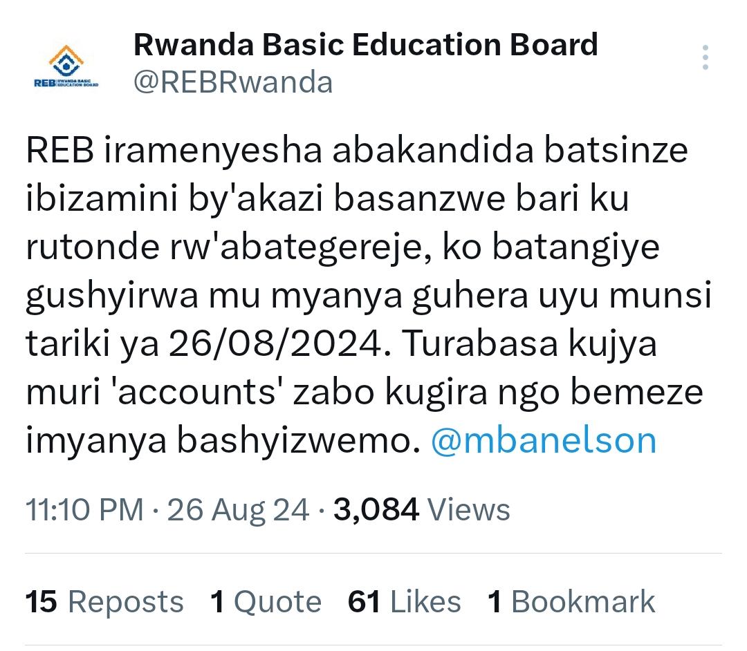 GsKansiB's tweet photo. REB yasabye abakandida bakoze bagatsinda ibizamini bibinjiza mu mwuga w' ubwarimu ko basura konti zabo bakareba ibigo boherejwemo gukoreramo.@GisagaraDistr https://t.co/cyyEjhiKwQ