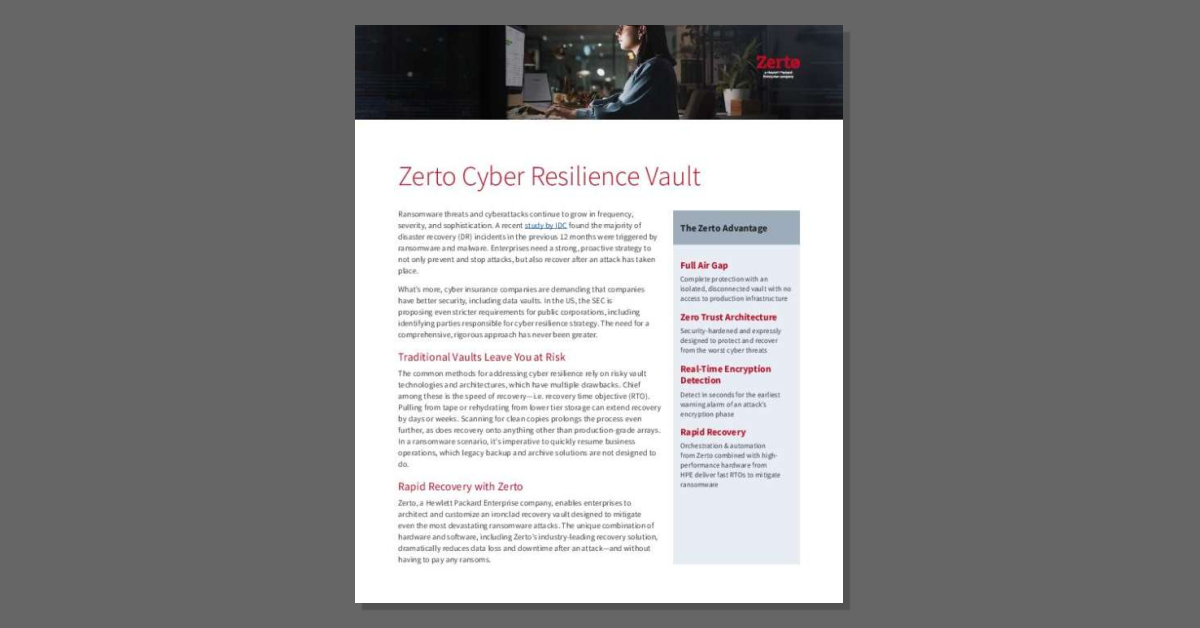ThinOps's tweet image. Why do #legacysecurity tools increase your risk of a data breach? Because they don&apos;t have capabilities necessary to neutralize today&apos;s advanced attacks. Fortunately, the @Zerto Cyber Resilience Vault does. Get this datasheet for a rundown of the features stuf.in/beurk8