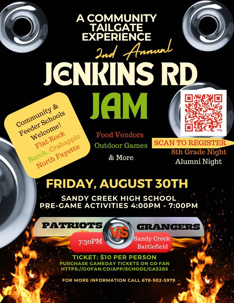 Coach Godfrey (@coachgodfrey_27) on Twitter photo Come on out and have some fun at the 2nd annual Jenkins Road Jam! Let’s support our SC Patriots! <a href="/SCHSPatriots/">Sandy Creek Football</a> <a href="/SCHS_Patriots/">Sandy Creek High School</a> <a href="/TROliverEDU/">Tosha Oliver</a> <a href="/Coach_CGreen/">Carl Green,CAA</a> <a href="/FayetteSports/">Fayette Co. GA Sports</a> <a href="/DrTALarry/">Dr. Triaka Larry</a> <a href="/cliftonclark33/">Clifton Clark</a> <a href="/FRMSFootball/">Flat Rock Football</a> <a href="/FRMSEagles/">FRMSEagles</a> <a href="/MonicaReckley/">Monica Reckley</a> Come on out and have some fun at the 2nd annual Jenkins Road Jam! Let’s support our SC Patriots! <a href="/SCHSPatriots/">Sandy Creek Football</a> <a href="/SCHS_Patriots/">Sandy Creek High School</a> <a href="/TROliverEDU/">Tosha Oliver</a> <a href="/Coach_CGreen/">Carl Green,CAA</a> <a href="/FayetteSports/">Fayette Co. GA Sports</a> <a href="/DrTALarry/">Dr. Triaka Larry</a> <a href="/cliftonclark33/">Clifton Clark</a> <a href="/FRMSFootball/">Flat Rock Football</a> <a href="/FRMSEagles/">FRMSEagles</a> <a href="/MonicaReckley/">Monica Reckley</a>