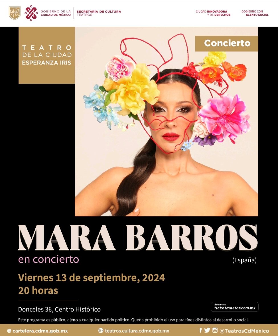 La cantante española <a href="/Marabarros7/">Mara Barros</a> se presentará el próximo viernes 13 de septiembre en el teatro de la Ciudad Esperanza Iris. 

Presentará su más reciente álbum "Me nace del corazón", un homenaje a México a través las canciones de José Alfredo Jiménez y Armando Manzanero.