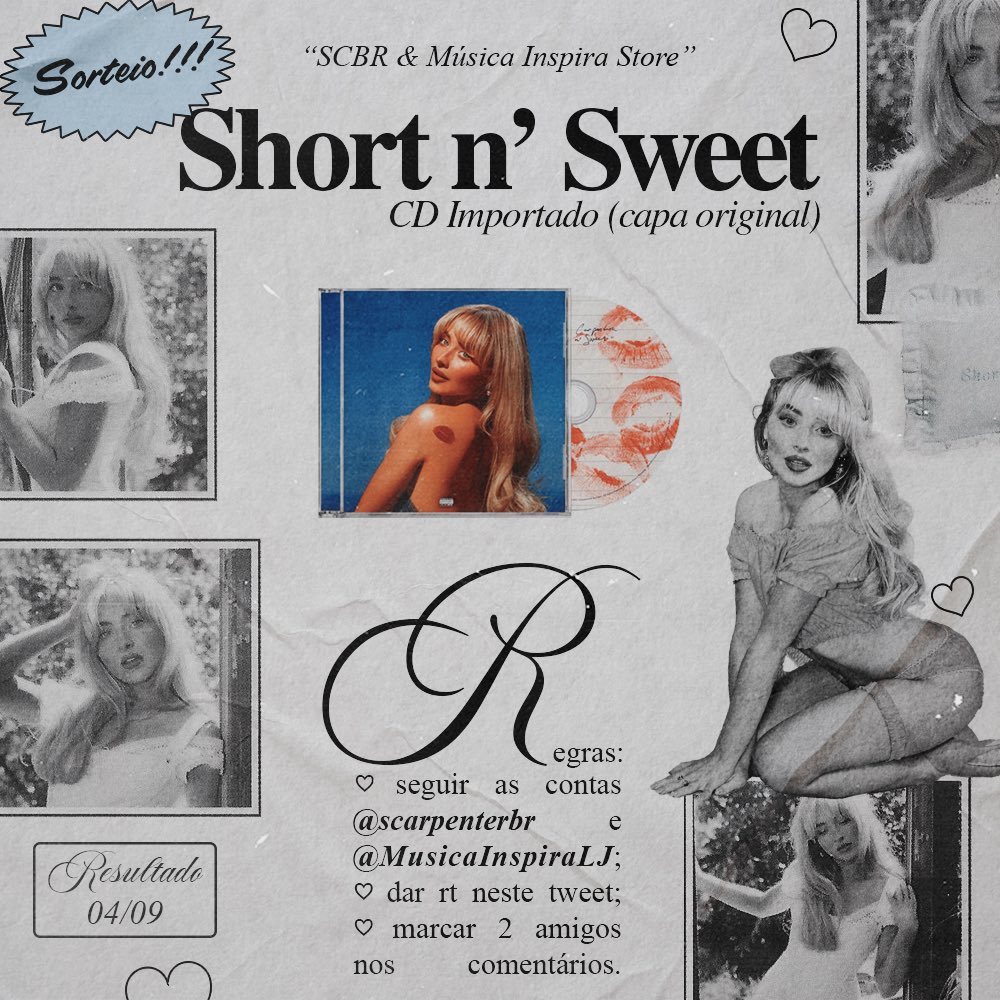 SORTEIO! 💋

Em parceria com a <a href="/MusicaInspiraLJ/">Música Inspira Store</a>, estamos sorteando um CD importado do álbum “Short n’ Sweet”, da Sabrina Carpenter! 

Regras:
— RT neste tweet
— Siga <a href="/scarpenterbr/">Sabrina Carpenter Brasil | fan account</a> e <a href="/MusicaInspiraLJ/">Música Inspira Store</a> 
— Marque 2 amigos neste tweet

Resultado: 04/09