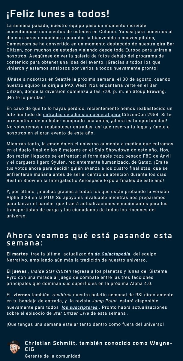 #StarCitizen This Week In Star Citizen
robertsspaceindustries.com/comm-link/tran…
Inside: otra vez Pyro
SC LIVE ya lo dirán de que va.
Jump point y flairs para suscriptores