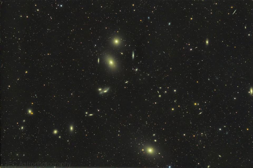 Another astrophotograph from my son, James Cahill. 

Some old data I decided to re-process, Markarian's chain is a stretch of galaxies that forms part of the Virgo galaxy cluster in the constellation Virgo. There are many galaxies captured in  this image, which was done in early