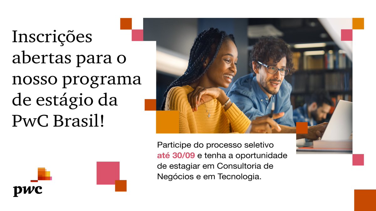 🗣️ Temos por aqui estudantes de graduação em busca de oportunidades? 

Estamos com vagas disponíveis nas áreas de Consultoria de Negócios e em Tecnologia! Para saber mais sobre o nosso programa de estágio e se inscrever, acesse: pwc.com.br/pt/carreira-na….