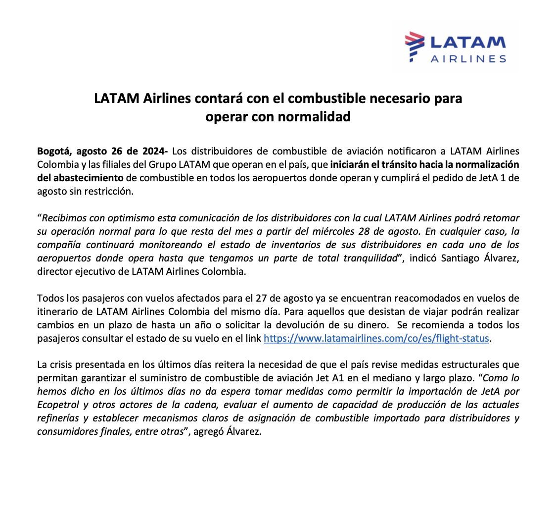LauraCVargas96's tweet photo. Tanto @avianca como @LATAM_CO anuncian que desde mañana van a operar normal porque sí hay combustible en el país. ¿Quién comenzó con el pánico injustificado? ¿Cuáles eran sus razones para hacerlo? ¿Acaso estaban buscando un aumento de costos? ¡Tenaz! Y los más afectados: la gente https://t.co/G2cSzeQCNL