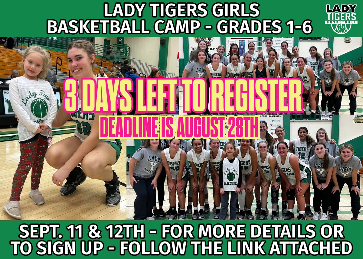 ONLY 3 DAYS LEFT TO REGISTER!  Yorktown Girls Fall basketball camp is for girls in grades 1-6.  
Register here ⤵️
docs.google.com/forms/d/e/1FAI…