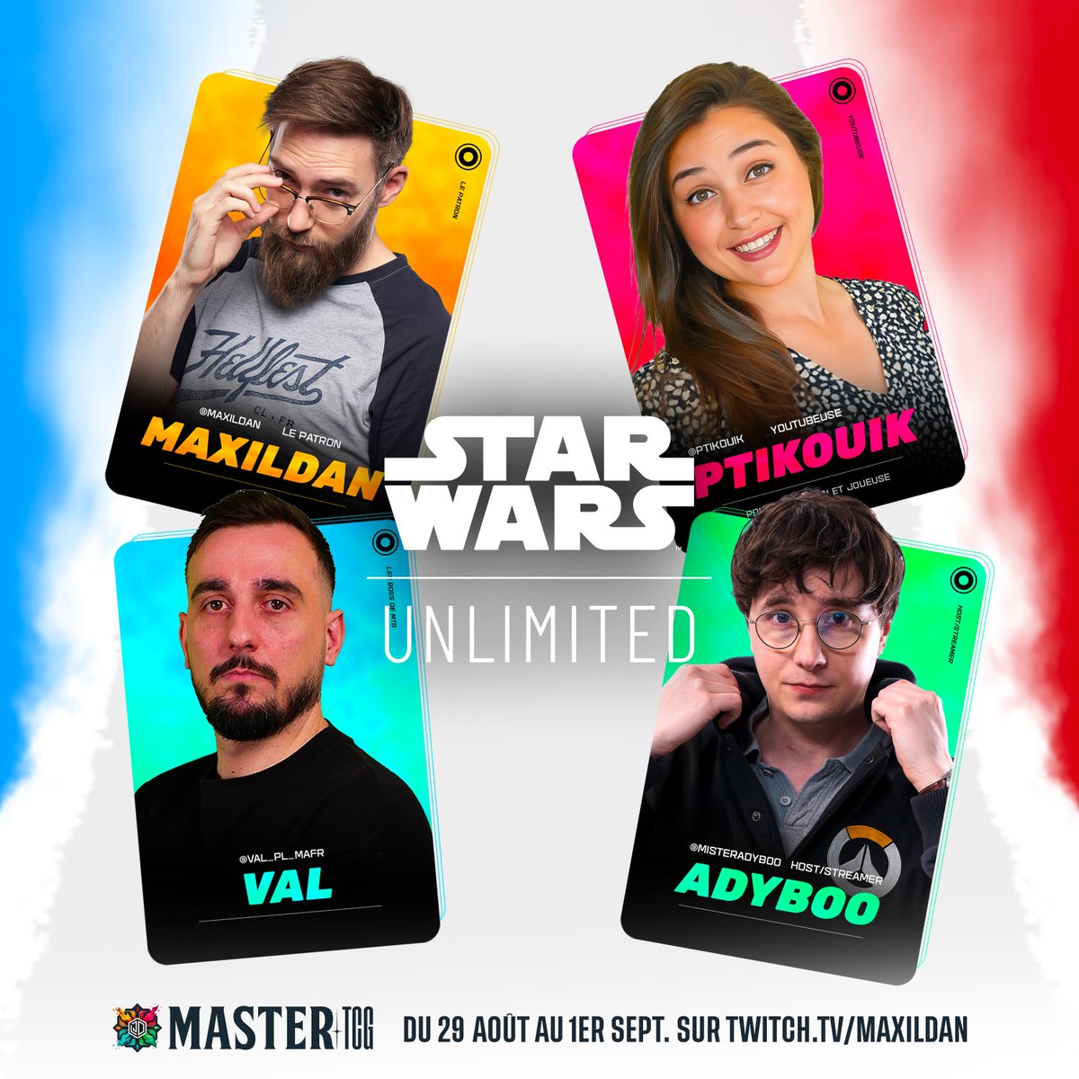 J-3 Pour le Master TCG sur twitch.tv/maxildan !
Voici mes adversaires sur les jeux que j'ai choisis...
Celui qui me fait le plus de peine c'est <a href="/PedroCanali/">Pedro Canali</a> 
C'est le meilleur joueur de <a href="/wizards_magicFR/">Magic France</a>  et de <a href="/fabtcg/">Flesh and Blood</a> et pourtant il va pas toucher une game c'est désolant !