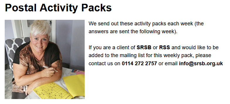Stag_RosePPG's tweet image. Have you registered for you Activity Pack from @SRSBcharity Sheffield &amp;amp; Rotherham Sight &amp;amp; Sound

Contact them by phone or email to receive your copy. Details below.

#ActivityPack #SightLoss #HearingLoss #visualimpairment #hearingimpairment #keepactive