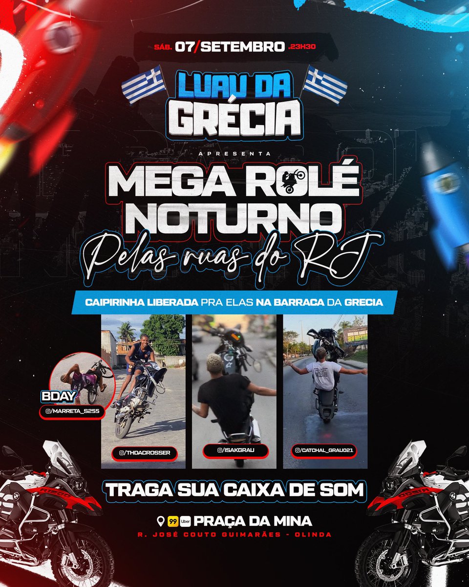 *LUAU DA GRÉCIA 🇬🇷*
Venha para uma noite inesquecível no Luau da Grécia! Começamos com um animado rolezinho, seguido de um evento especial no Posto 12, onde o clima descontraído do luau vai dominar. Prepare-se para uma mistura vibrante de música, dança e diversão 🔥🇬🇷