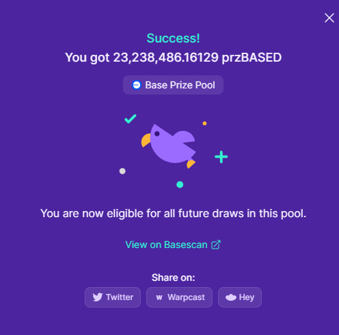 DNobody77's tweet photo. Tossed my $BASED into the @PoolTogether_ mix! Who else is crossing their fingers for a no-loss win? https://t.co/Yzv4m65ibS #PoolTogether #Base https://t.co/6HyCDIR5sR