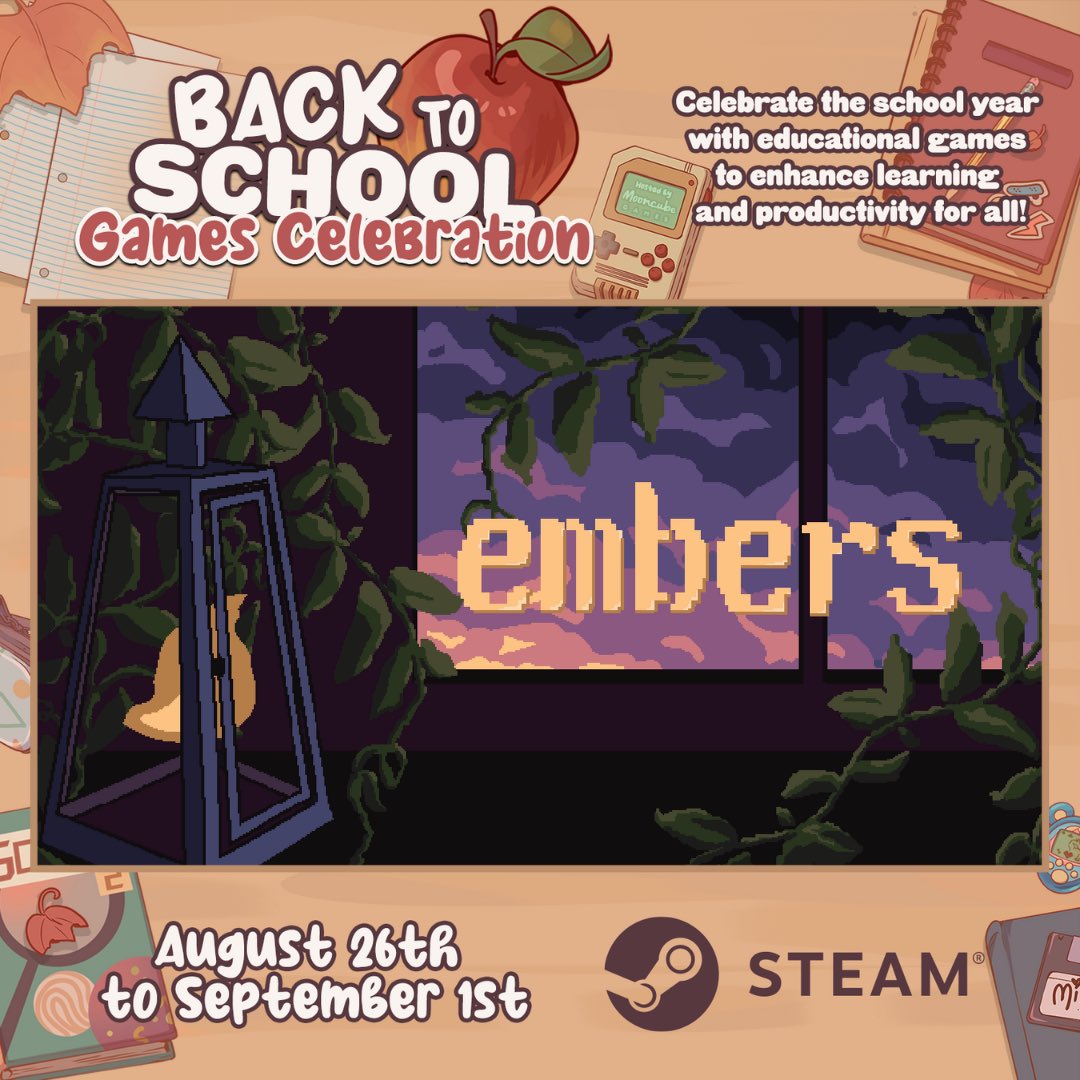 EMBERS ✨ Wishlist now! ✨ (@studiolazulite) on Twitter photo Embers is in the Back to School Games Celebration!
From August 26 - September 1st, discover our cozy fantasy journal among this collection of educational games 📚🍎
Thank you to fellow Montreal studio <a href="/wearemooncube/">Mooncube Games</a> (developers of <a href="/SpiritCityLofi/">Spirit City: Lofi Sessions - PC/MacOS</a>) for hosting! 💖✨ Embers is in the Back to School Games Celebration!
From August 26 - September 1st, discover our cozy fantasy journal among this collection of educational games 📚🍎
Thank you to fellow Montreal studio <a href="/wearemooncube/">Mooncube Games</a> (developers of <a href="/SpiritCityLofi/">Spirit City: Lofi Sessions - PC/MacOS</a>) for hosting! 💖✨