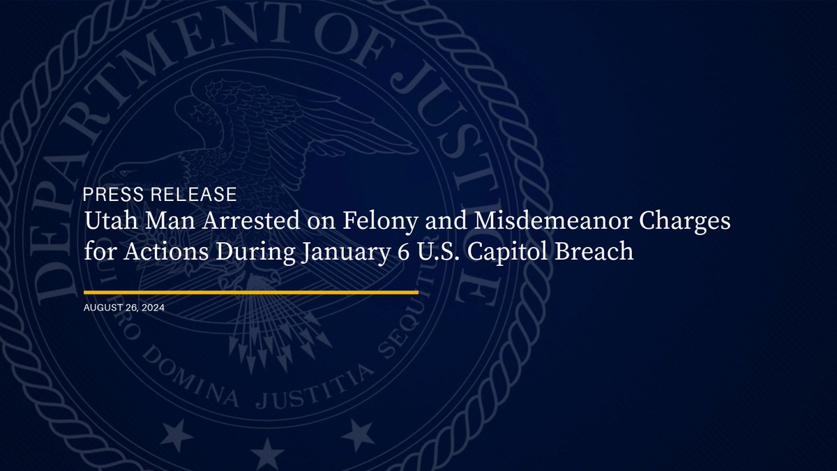 Utah Man Arrested on Felony and Misdemeanor Charges for Actions During January 6 U.S. Capitol Breach ow.ly/qyf850T6RGP

<a href="/FBISaltLakeCity/">FBI Salt Lake City</a> <a href="/USAO_DC/">U.S. Attorney DC</a>