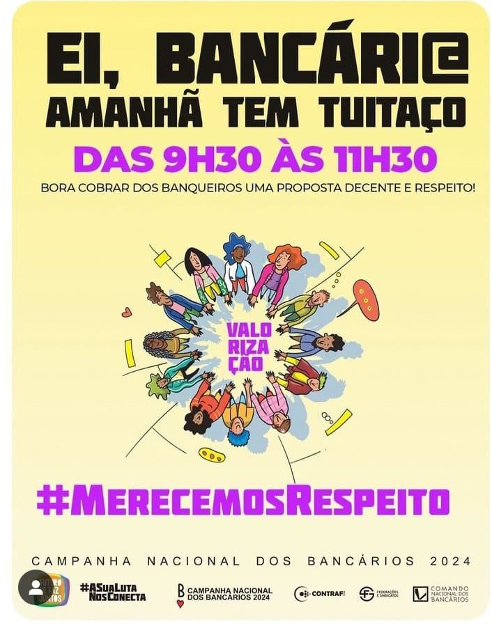 Amanhã é dia de negociação da Campanha Nacional dos Bancários. Das 9h30 às 11h30, vamos movimentar as redes sociais, utilize a tag #MerecemosRespeito e marque : <a href="/febraban/">FEBRABAN</a>_oficial se as postagens forem no Instagram, e
@febraban
se forem no X (ex-Twitter) instagram.com/p/C_JXo2mvoK6/…