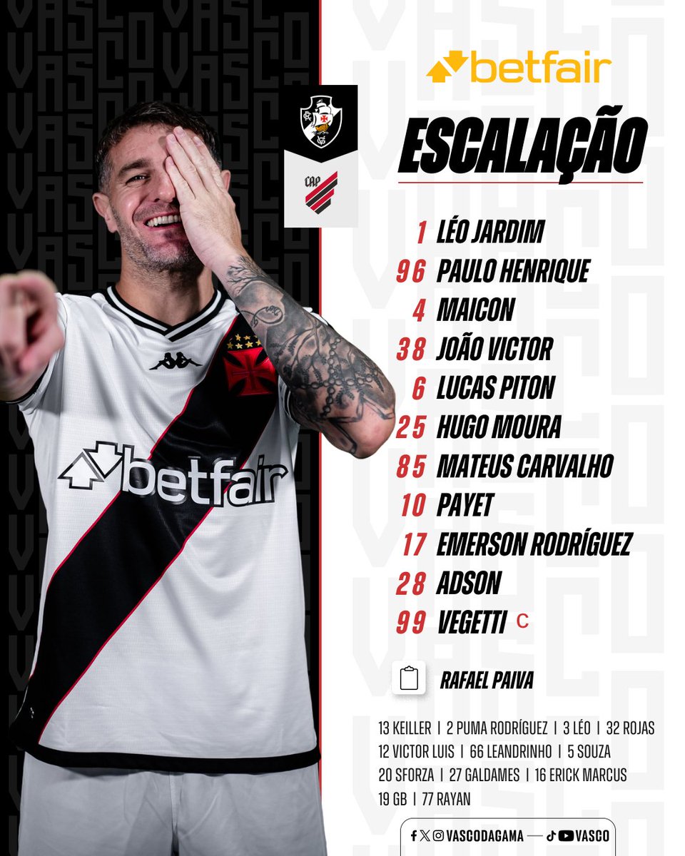 VascodaGama's tweet photo. 📋🖼️ Confira a escalação do #VascoDaGama também no formato clássico.
#VASxCAP
#EscalaçãoVasco https://t.co/R26KDlpvbI